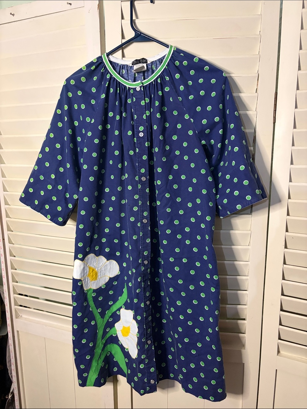 Vintage Navy Polka Dot Housecoat Mumu  with Green Dot & Floral Accent